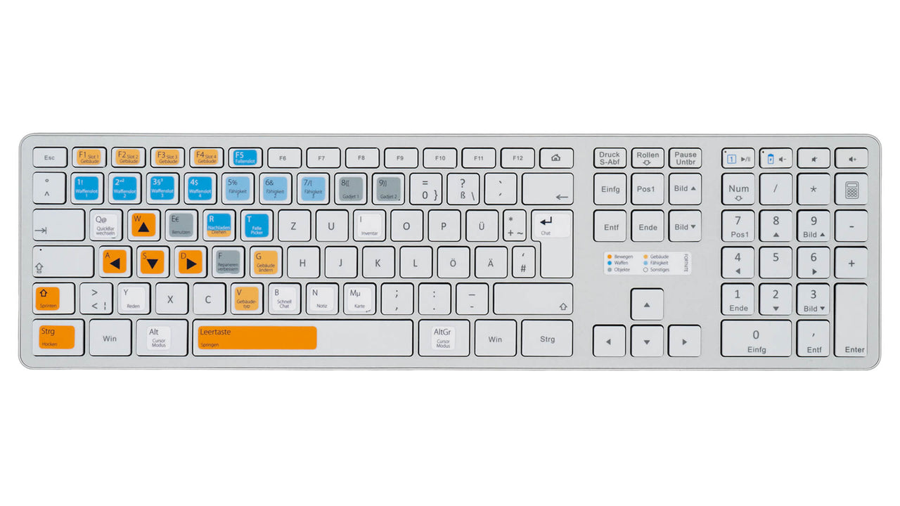 Fortnite Tastaturaufkleber Komplettansicht für PC/MAC mit deutschen Shortcuts/Tastaturbefehlen/Tastaturkürzeln | TasTutor