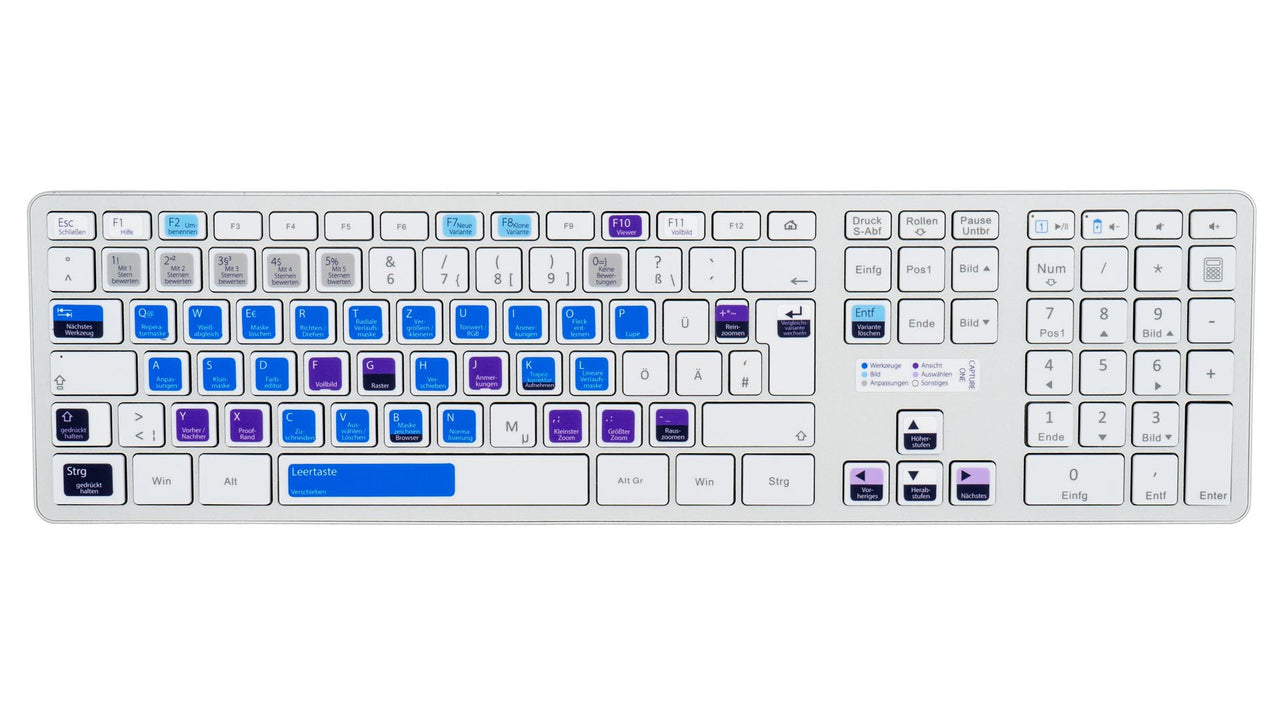 Capture One Tastaturaufkleber Komplettansicht für PC/MAC mit deutschen Shortcuts/Tastaturbefehlen/Tastaturkürzeln | TasTutor