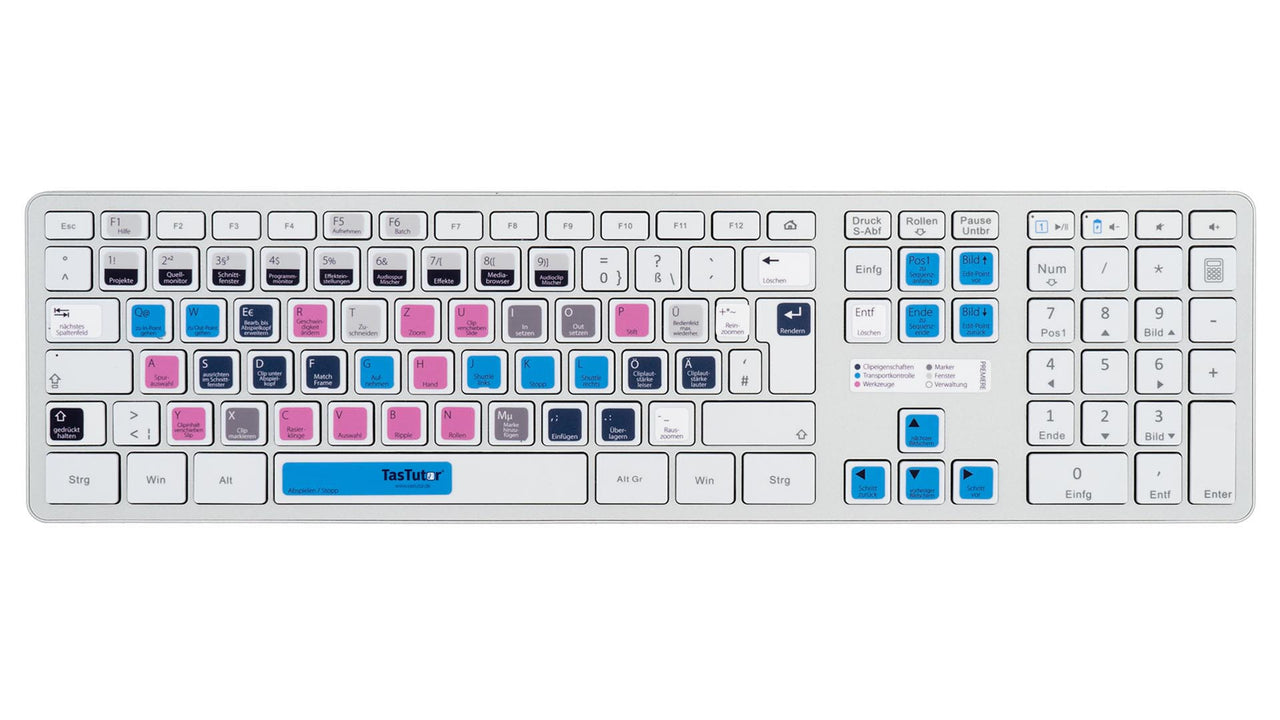 Premiere Tastaturaufkleber Komplettansicht für PC/MAC mit deutschen Shortcuts/Tastaturbefehlen/Tastaturkürzeln | TasTutor