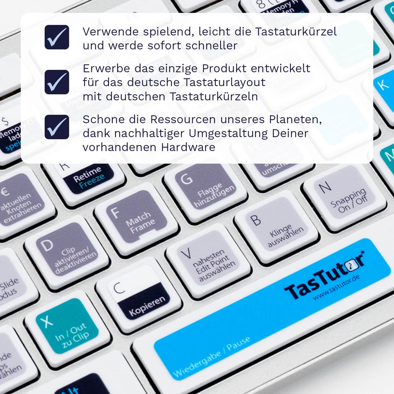 Davinci Resolve Tastaturaufkleber Nahansicht für PC/MAC mit deutschen Shortcuts/Tastaturbefehlen/Tastaturkürzeln | TasTutor