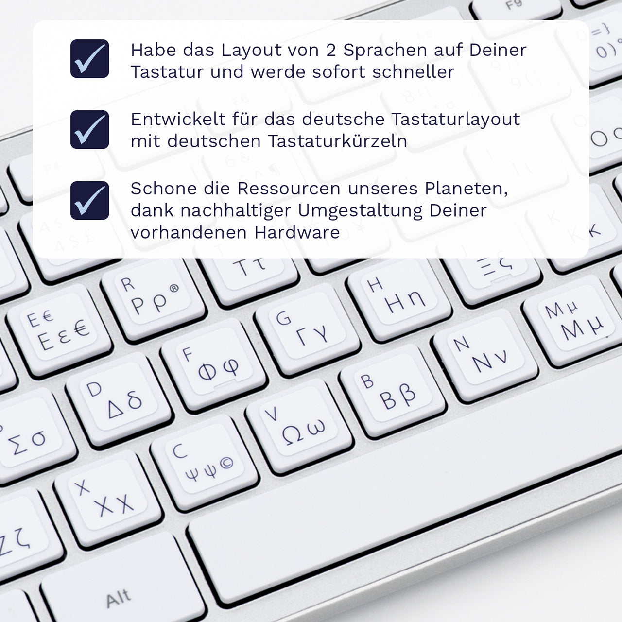Griechische Tastaturaufkleber Nahansicht für PC/MAC mit deutschen Shortcuts/Tastaturbefehlen/Tastaturkürzeln | TasTutor