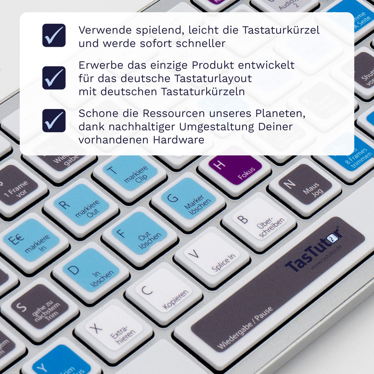 Media Composer Tastaturaufkleber Nahansicht für PC/MAC mit deutschen Shortcuts/Tastaturbefehlen/Tastaturkürzeln | TasTutor