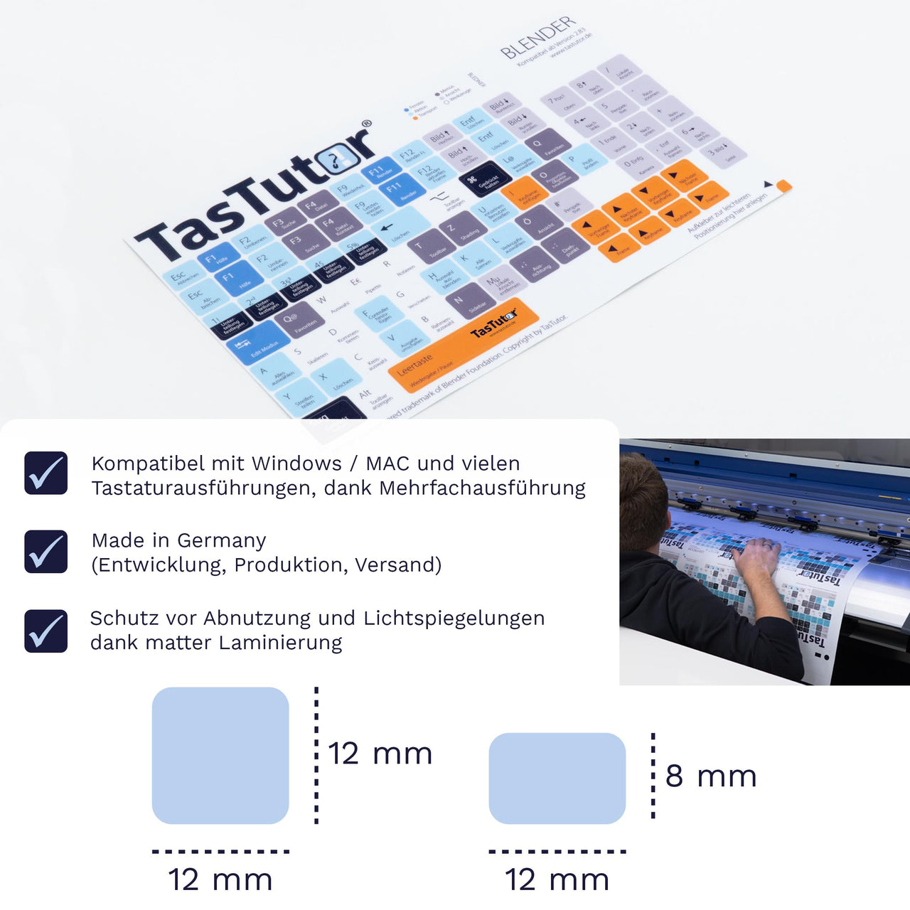 Blender Tastaturaufkleber Aufkleber Bogen für PC/MAC mit deutschen Shortcuts/Tastaturbefehlen/Tastaturkürzeln | TasTutor