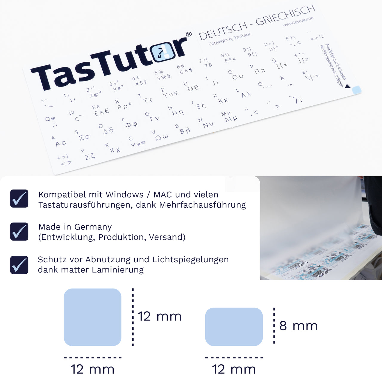 Griechische Tastaturaufkleber Aufkleber Bogen für PC/MAC mit deutschen Shortcuts/Tastaturbefehlen/Tastaturkürzeln | TasTutor