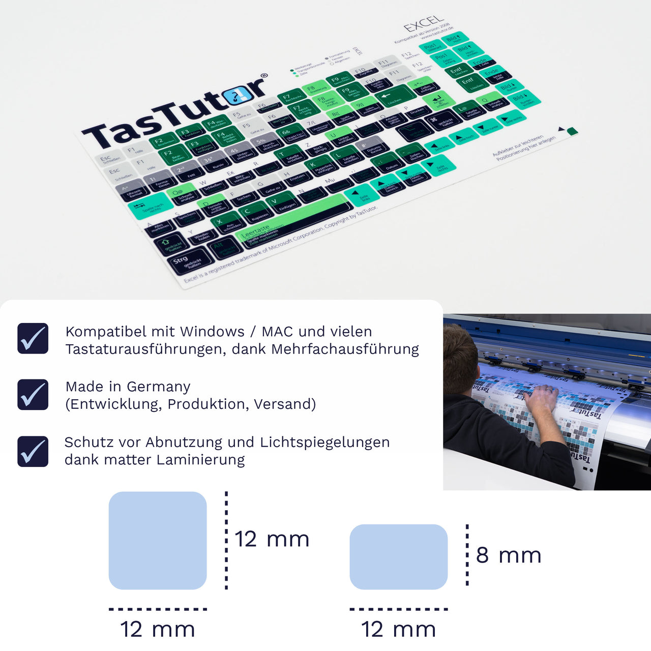 Excel Tastaturaufkleber Aufkleber Bogen für PC/MAC mit deutschen Shortcuts/Tastaturbefehlen/Tastaturkürzeln | TasTutor