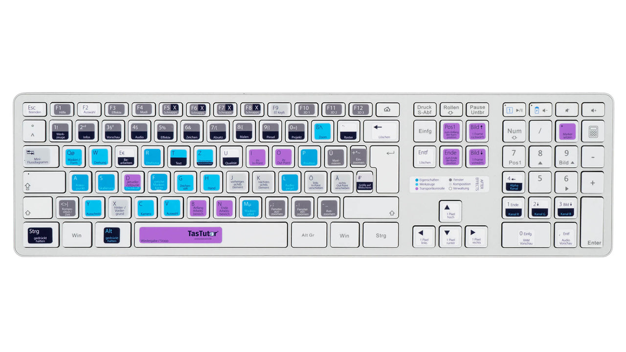 After Effects Tastaturaufkleber Komplettansicht für PC/MAC mit deutschen Shortcuts/Tastaturbefehlen/Tastaturkürzeln | TasTutor