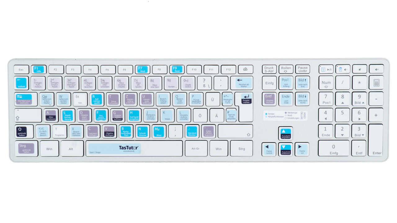 Video Deluxe Tastaturaufkleber Komplettansicht für PC mit deutschen Shortcuts/Tastaturbefehlen/Tastaturkürzeln | TasTutor