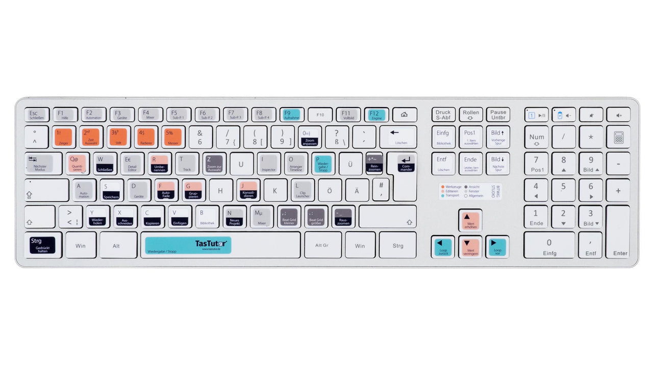 Bitwig Studio Tastaturaufkleber Komplettansicht für PC/MAC mit deutschen Shortcuts/Tastaturbefehlen/Tastaturkürzeln | TasTutor