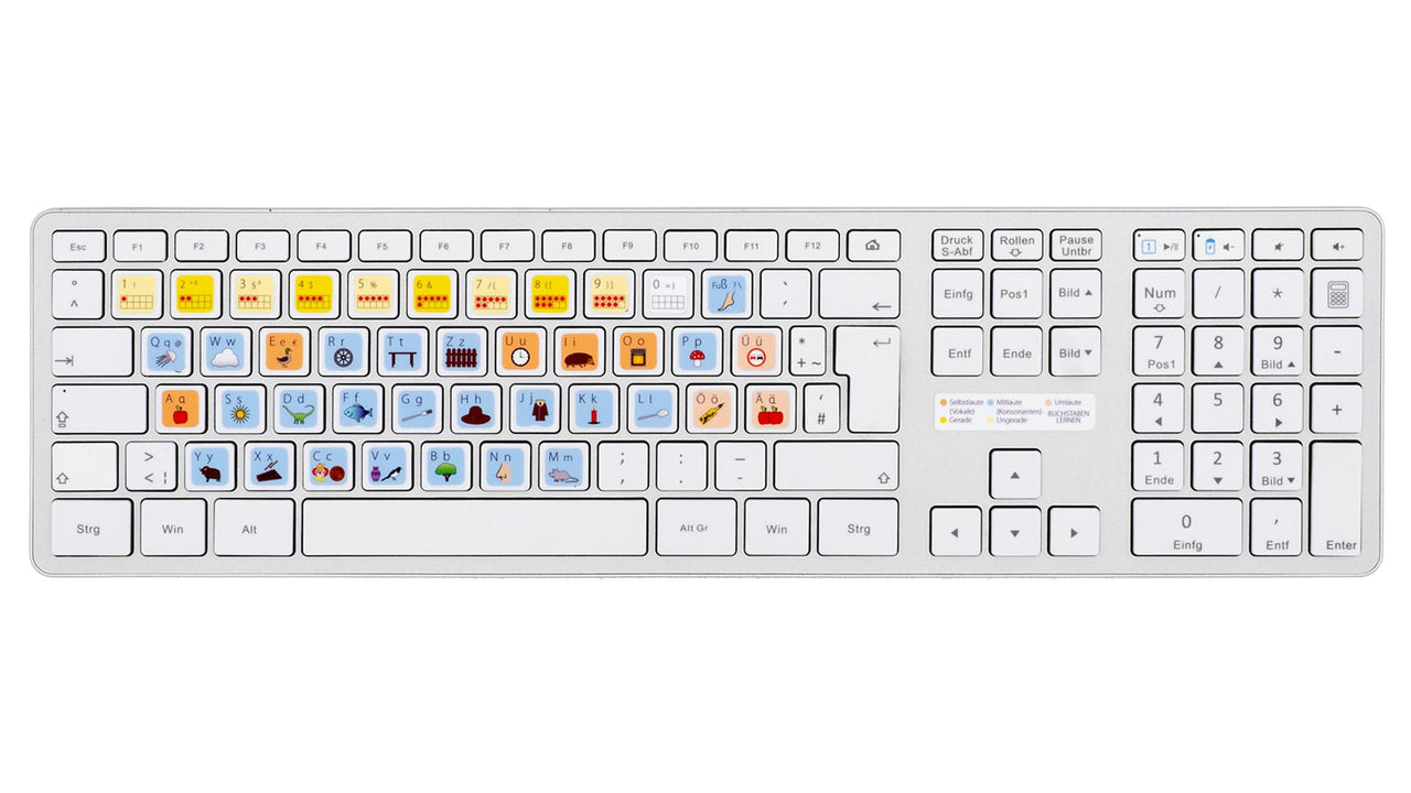 Buchstaben / Zahlen lernen Tastaturaufkleber Komplettansicht für PC/MAC mit deutschen Shortcuts/Tastaturbefehlen/Tastaturkürzeln | TasTutor