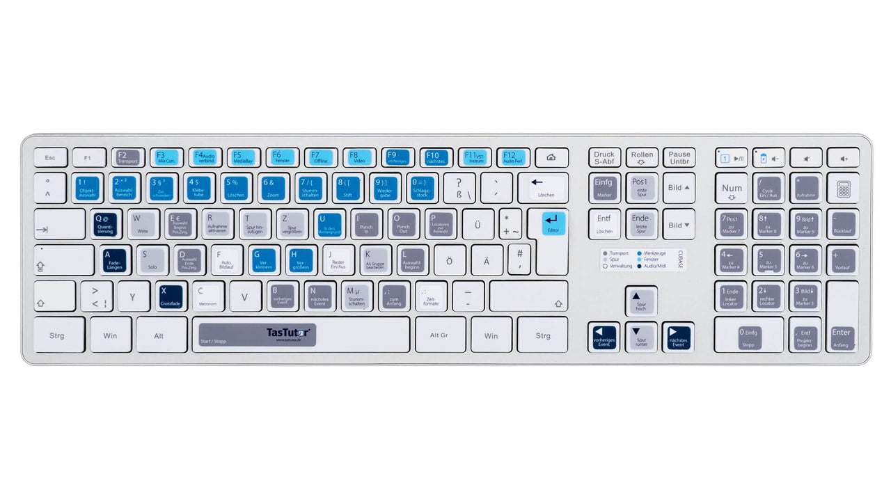 Cubase Tastaturaufkleber Komplettansicht für PC/MAC mit deutschen Shortcuts/Tastaturbefehlen/Tastaturkürzeln | TasTutor