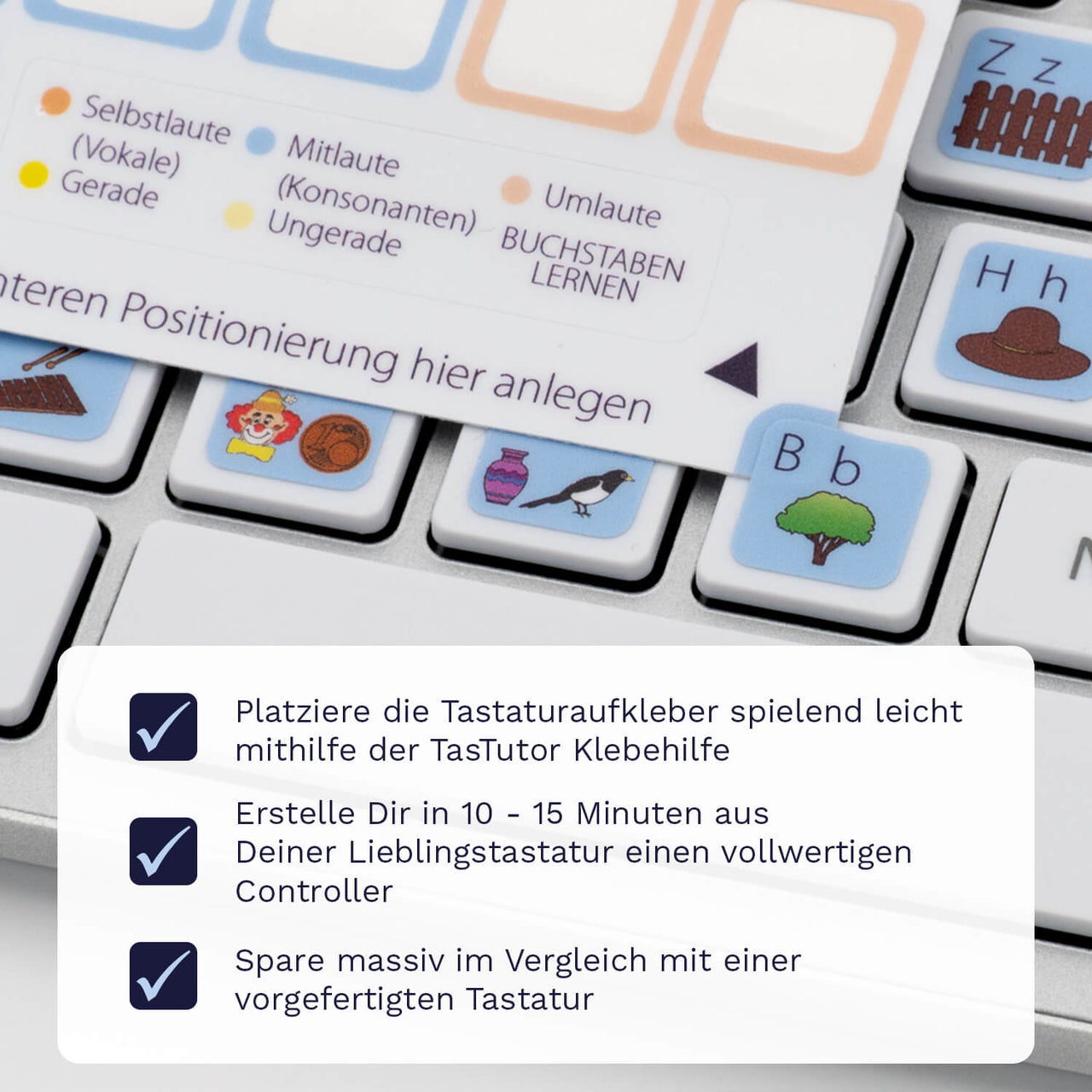 Buchstaben / Zahlen lernen Tastaturaufkleber Klebehilfe für PC/MAC mit deutschen Shortcuts/Tastaturbefehlen/Tastaturkürzeln | TasTutor
