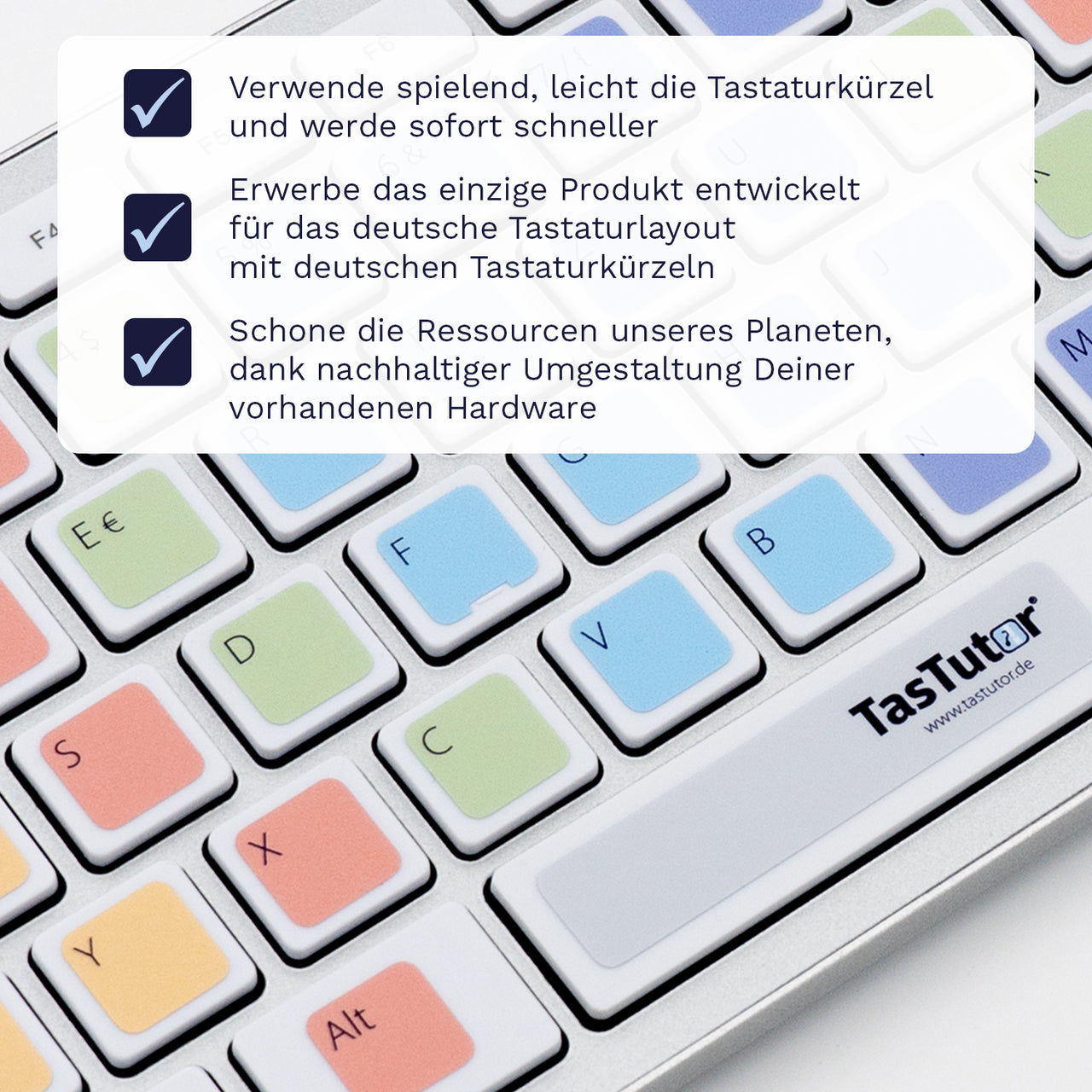 10 Finger System Tastaturaufkleber Nahansicht für PC/MAC mit deutschen Shortcuts/Tastaturbefehlen/Tastaturkürzeln | TasTutor