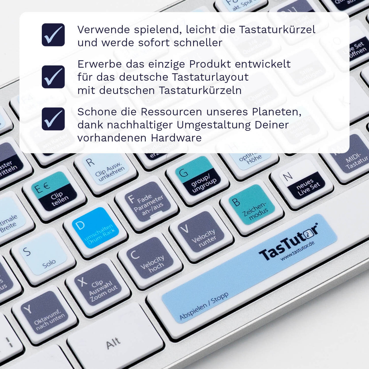 Ableton Live Tastaturaufkleber Nahansicht für PC/MAC mit deutschen Shortcuts/Tastaturbefehlen/Tastaturkürzeln | TasTutor