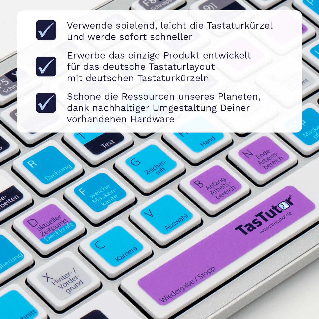 After Effects Tastaturaufkleber Nahansicht für PC/MAC mit deutschen Shortcuts/Tastaturbefehlen/Tastaturkürzeln | TasTutor