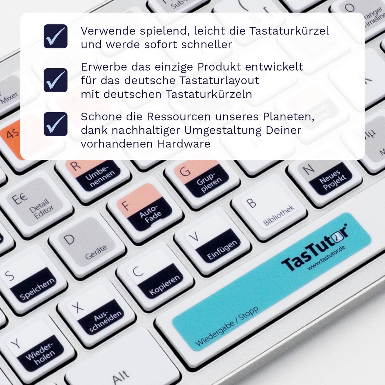 Bitwig Studio Tastaturaufkleber Nahansicht für PC/MAC mit deutschen Shortcuts/Tastaturbefehlen/Tastaturkürzeln | TasTutor