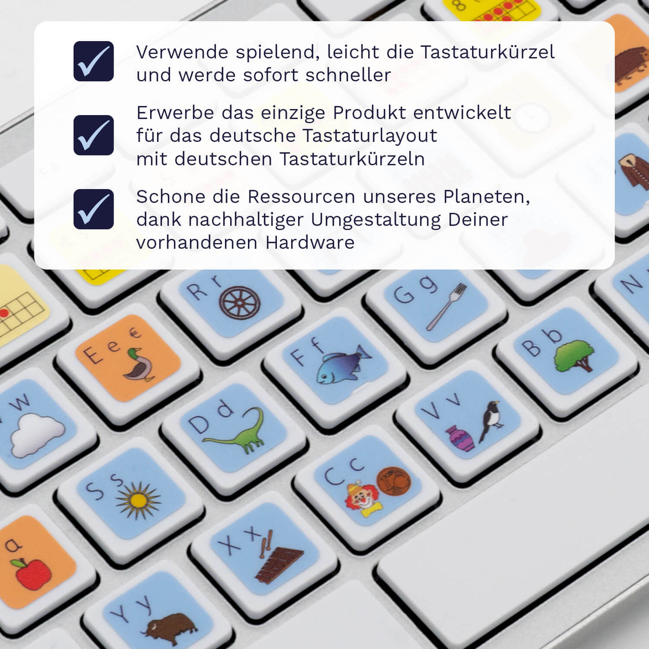 Buchstaben / Zahlen lernen Tastaturaufkleber Nahansicht für PC/MAC mit deutschen Shortcuts/Tastaturbefehlen/Tastaturkürzeln | TasTutor