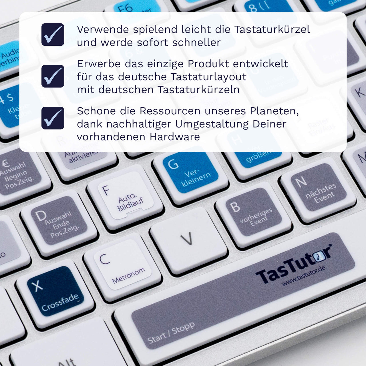 Cubase Tastaturaufkleber Nahansicht für PC/MAC mit deutschen Shortcuts/Tastaturbefehlen/Tastaturkürzeln | TasTutor