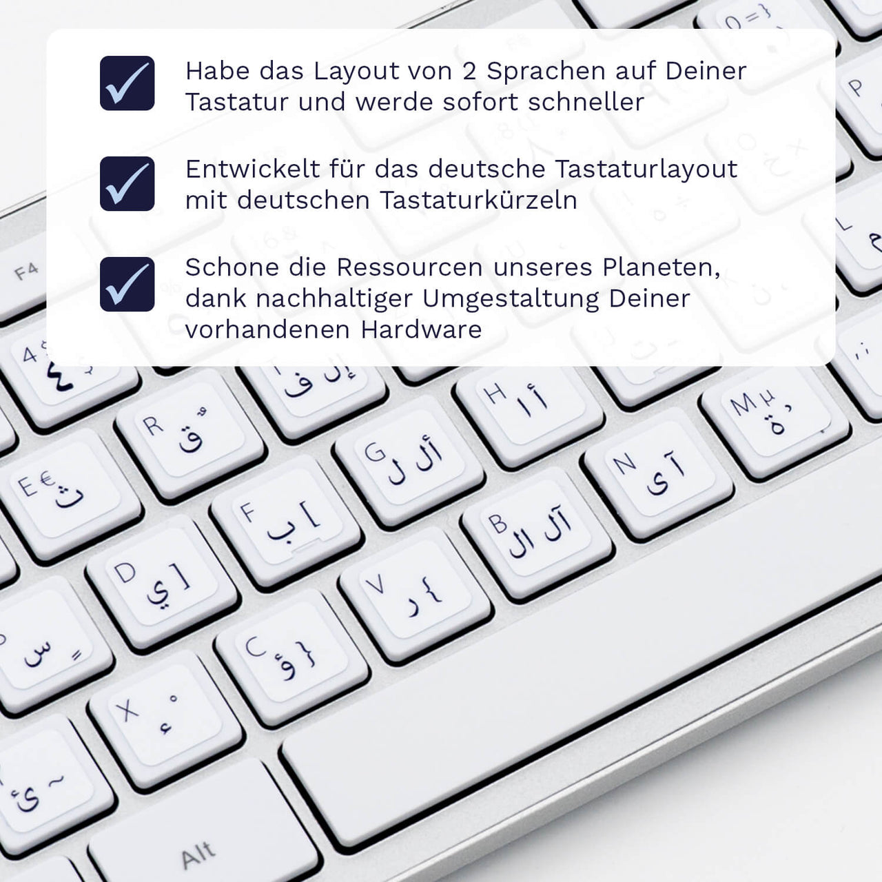 Arabische Tastaturaufkleber Nahansicht für PC/MAC mit deutschen Shortcuts/Tastaturbefehlen/Tastaturkürzeln | TasTutor
