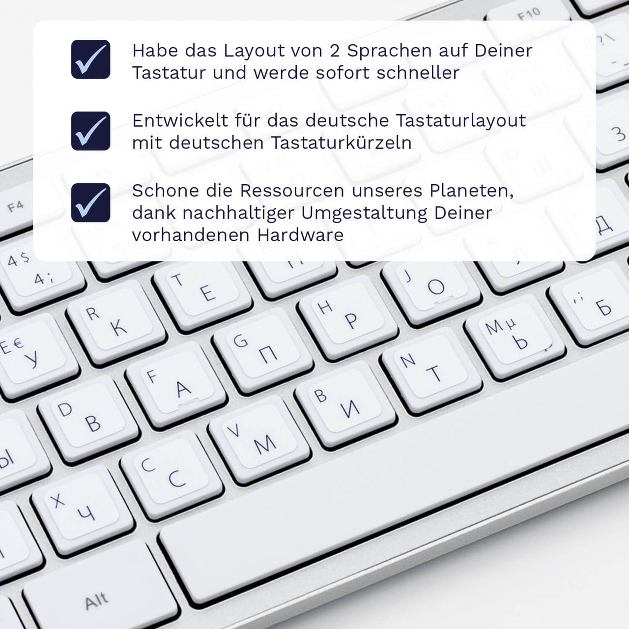 Russische Tastaturaufkleber Nahansicht für PC/MAC mit deutschen Shortcuts/Tastaturbefehlen/Tastaturkürzeln | TasTutor