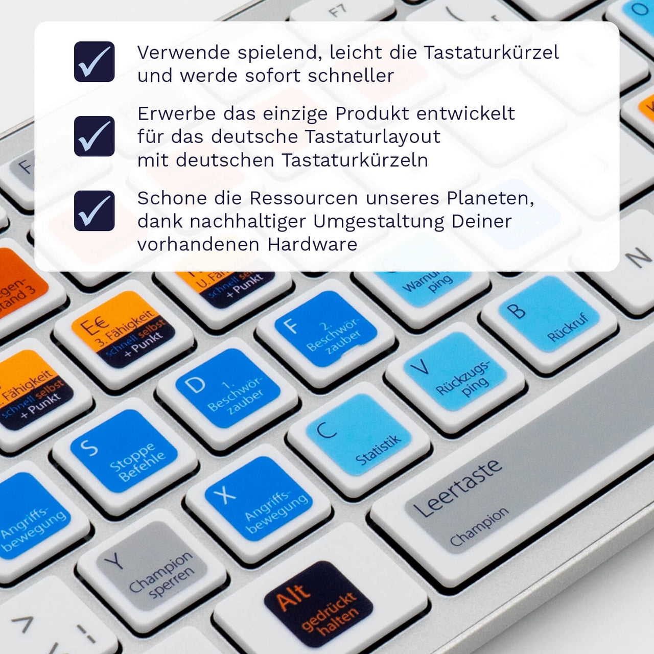 League of Legends Tastaturaufkleber Nahansicht für PC/MAC mit deutschen Shortcuts/Tastaturbefehlen/Tastaturkürzeln | TasTutor