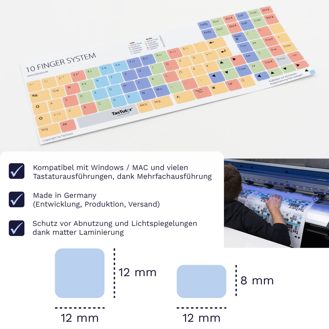 10 Finger System Tastaturaufkleber Aufkleberbogen für PC/MAC mit deutschen Shortcuts/Tastaturbefehlen/Tastaturkürzeln | TasTutor