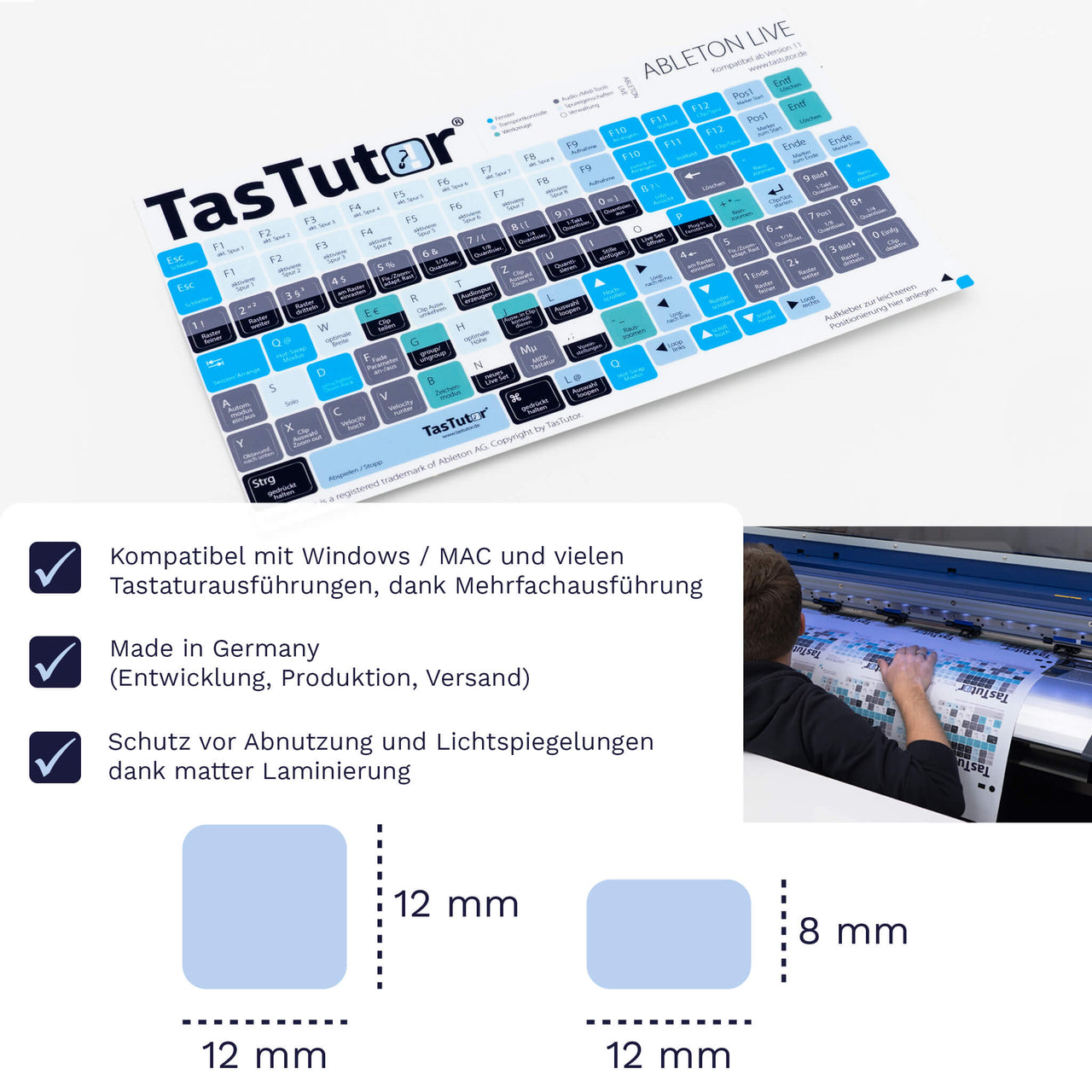 Ableton Live Tastaturaufkleber Aufkleber Bogen für PC/MAC mit deutschen Shortcuts/Tastaturbefehlen/Tastaturkürzeln | TasTutor