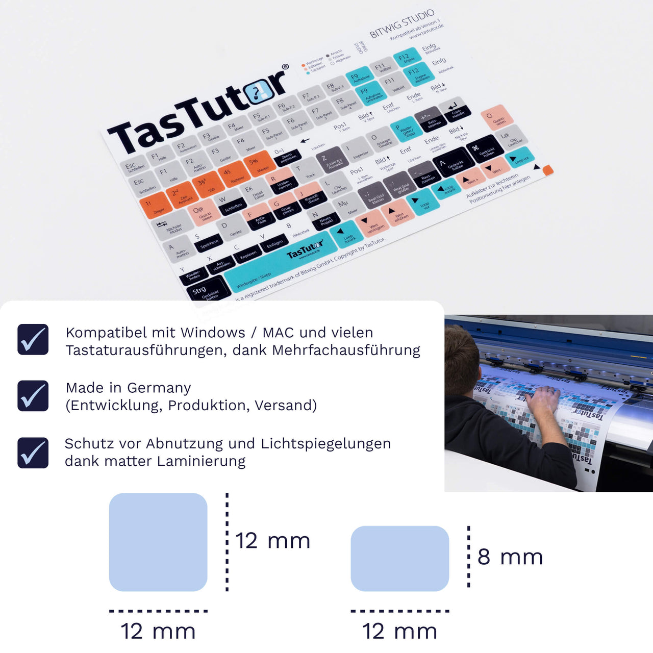 Bitwig Studio Tastaturaufkleber Aufkleber Bogen für PC/MAC mit deutschen Shortcuts/Tastaturbefehlen/Tastaturkürzeln | TasTutor