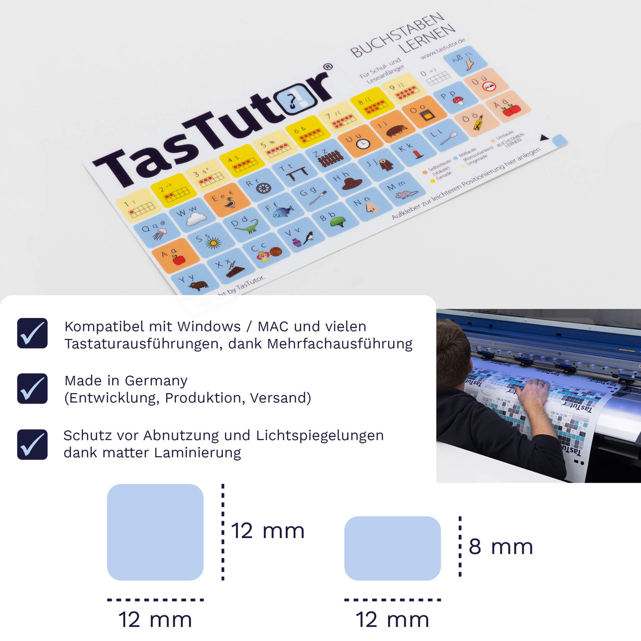 Buchstaben / Zahlen lernen Tastaturaufkleber Aufkleber Bogen für PC/MAC mit deutschen Shortcuts/Tastaturbefehlen/Tastaturkürzeln | TasTutor