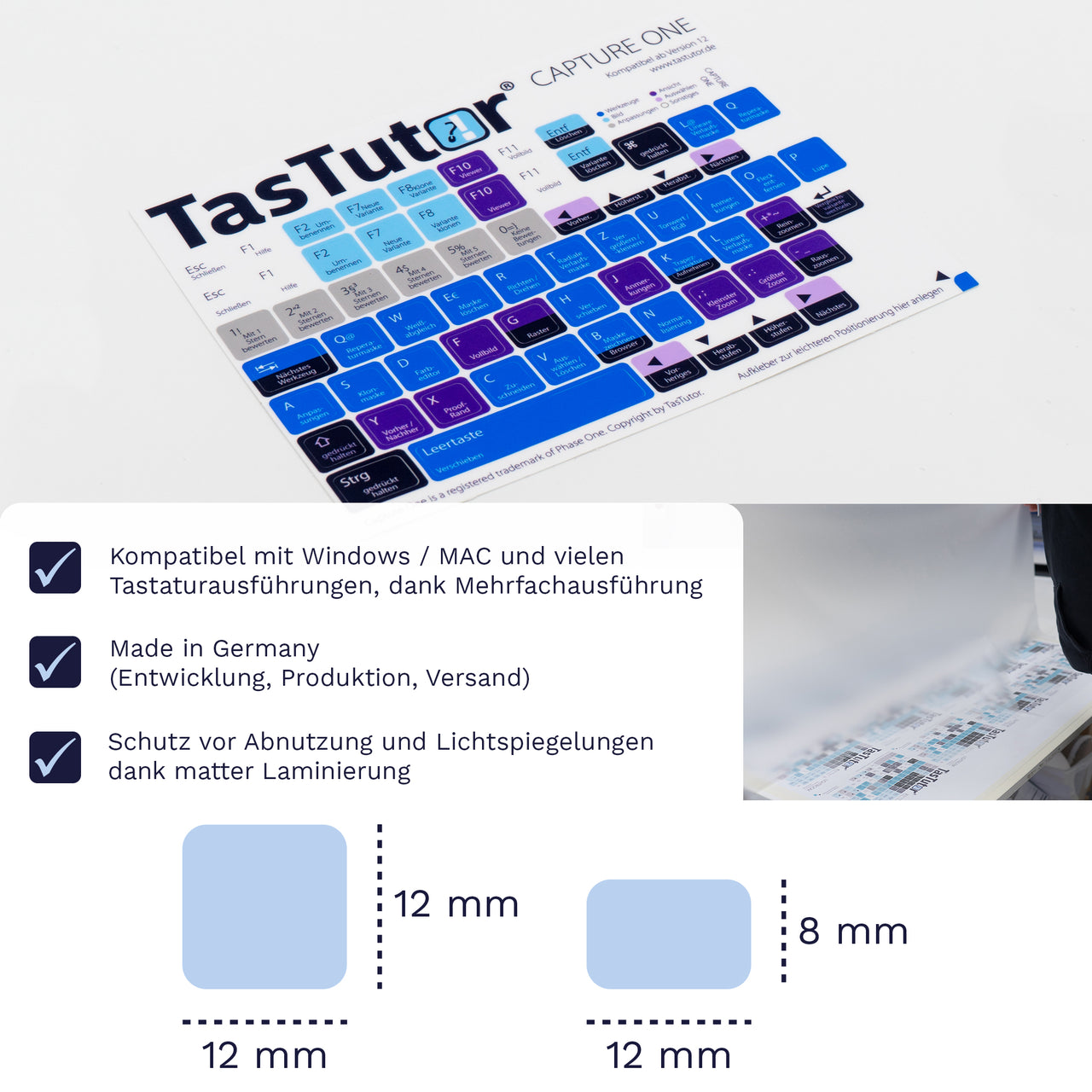Capture One Tastaturaufkleber Aufkleber Bogen für PC/MAC mit deutschen Shortcuts/Tastaturbefehlen/Tastaturkürzeln | TasTutor