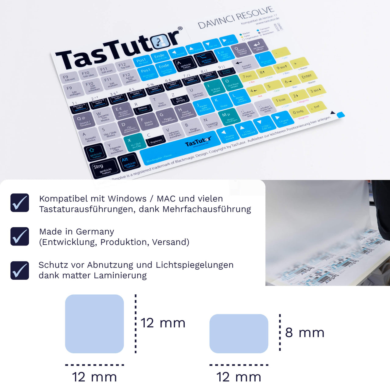 Davinci Resolve Tastaturaufkleber Aufkleber Bogen für PC/MAC mit deutschen Shortcuts/Tastaturbefehlen/Tastaturkürzeln | TasTutor