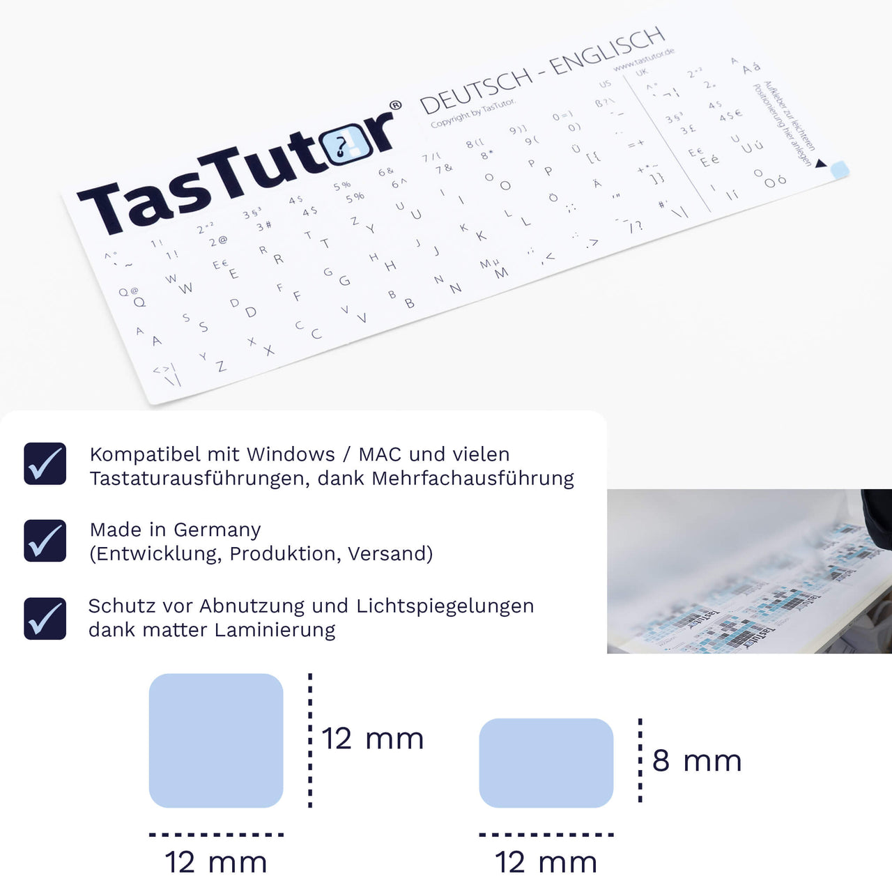 Englische Tastaturaufkleber Aufkleber Bogen für PC/MAC mit deutschen Shortcuts/Tastaturbefehlen/Tastaturkürzeln | TasTutor