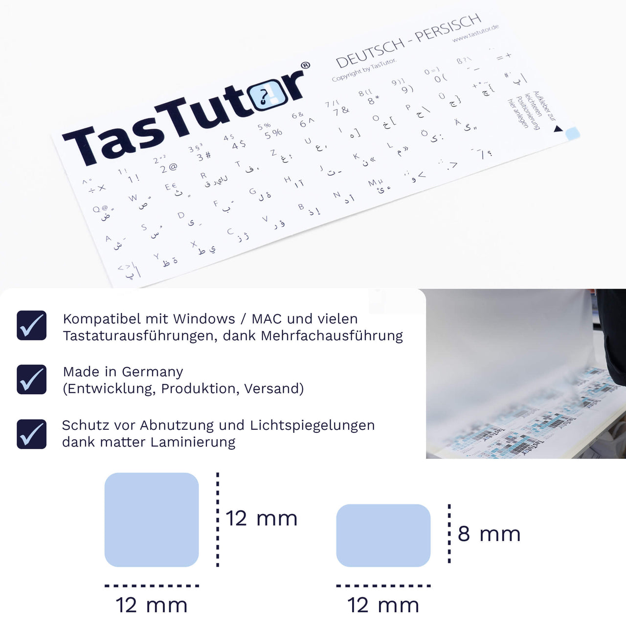 Persische Tastaturaufkleber Aufkleber Bogen für PC/MAC mit deutschen Shortcuts/Tastaturbefehlen/Tastaturkürzeln | TasTutor