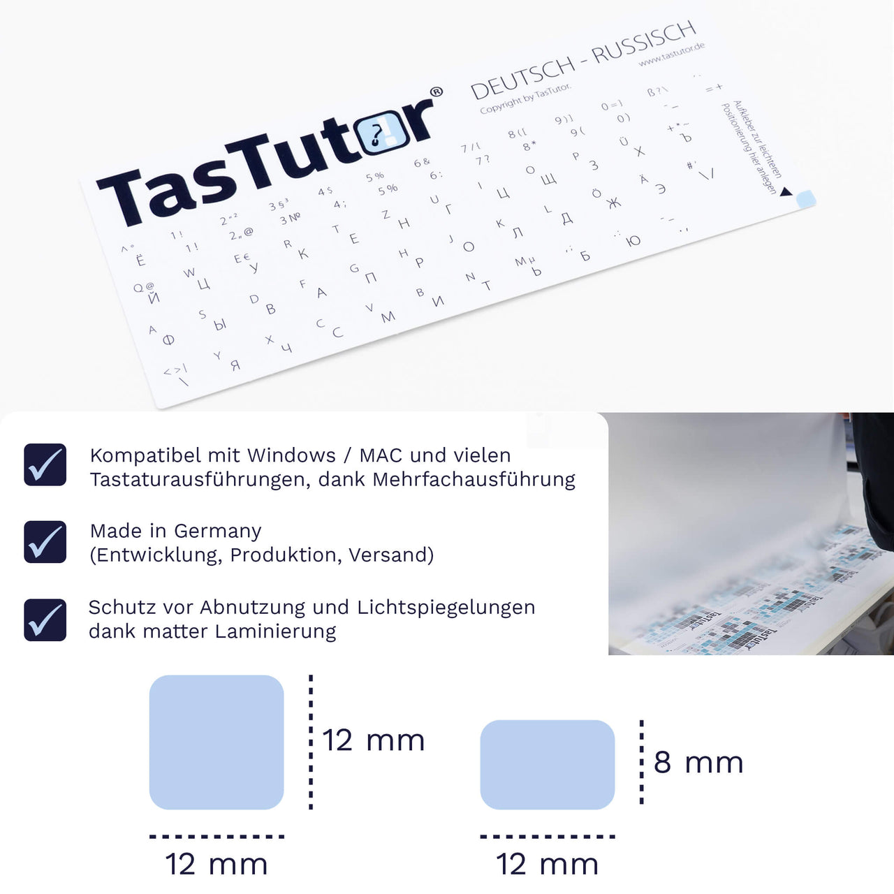 Russische Tastaturaufkleber Aufkleber Bogen für PC/MAC mit deutschen Shortcuts/Tastaturbefehlen/Tastaturkürzeln | TasTutor