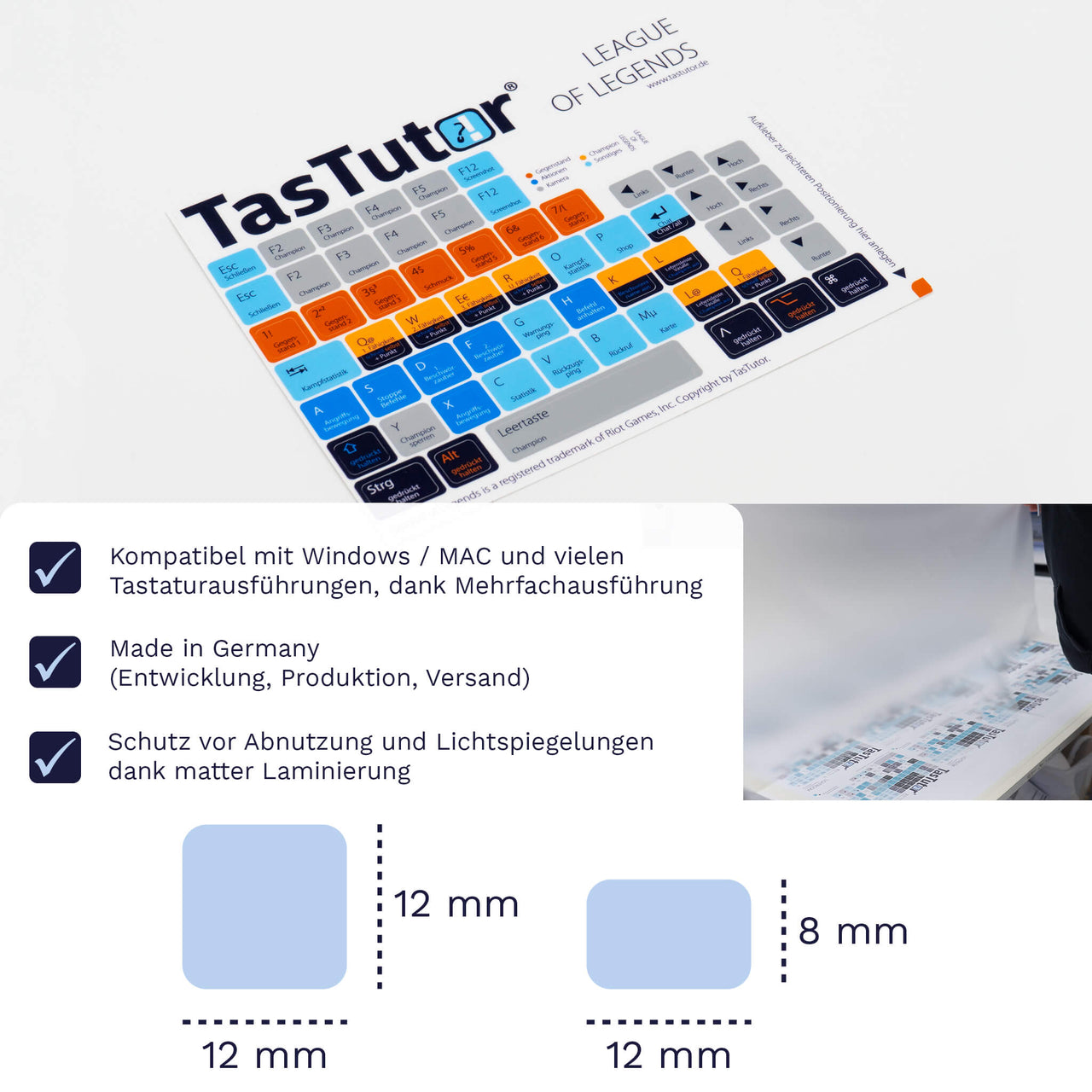 League of Legends Tastaturaufkleber Aufkleber Bogen für PC/MAC mit deutschen Shortcuts/Tastaturbefehlen/Tastaturkürzeln | TasTutor