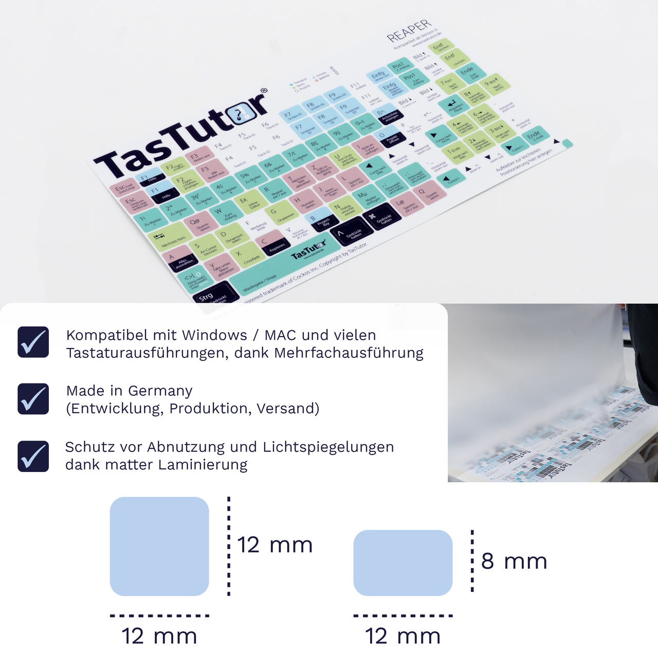 Reaper Tastaturaufkleber Aufkleber Bogen für PC/MAC mit deutschen Shortcuts/Tastaturbefehlen/Tastaturkürzeln | TasTutor